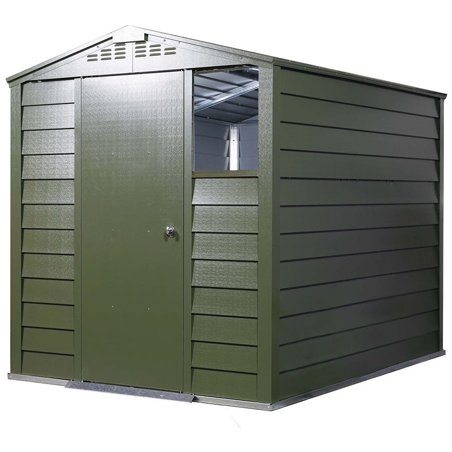 Green metal apex garden shed with a slanted roof, featuring horizontal paneling, a single door with a handle, and a small window for ventilation.