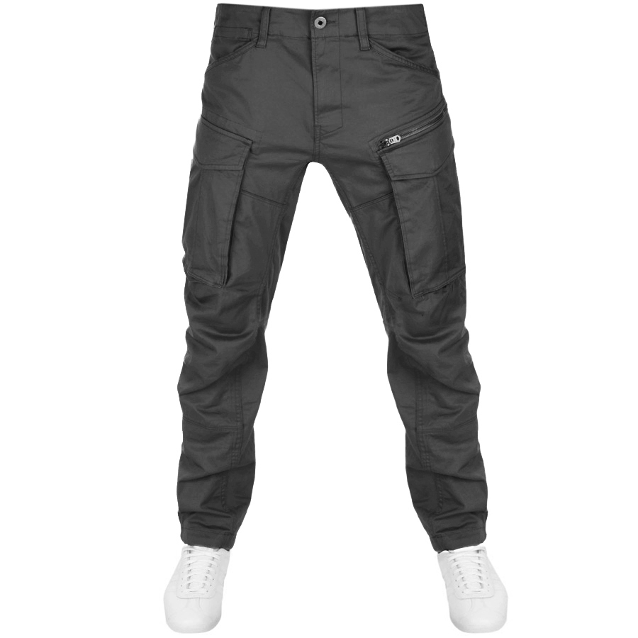 Slim-fit, dark gray trousers by G-Star, featuring a zip pocket on the thigh, multiple cargo-style pockets, and made from durable cotton material.