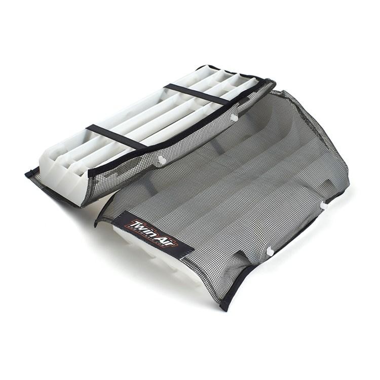 Twin Air Radiator Sleeves for Yamaha YZ85 (2022-2024) feature a durable black mesh material with white accents, designed to protect radiators while allowing airflow.