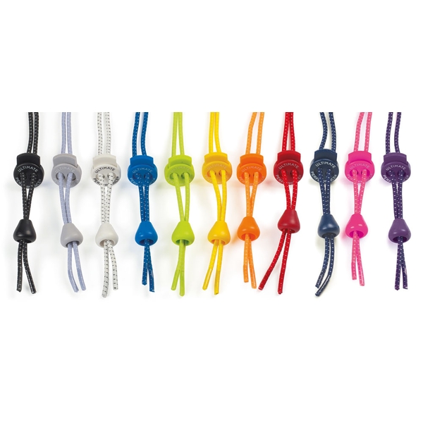 White elastic laces with adjustable toggles, featuring a smooth, stretchy material, designed for easy fitting and comfort in various footwear.