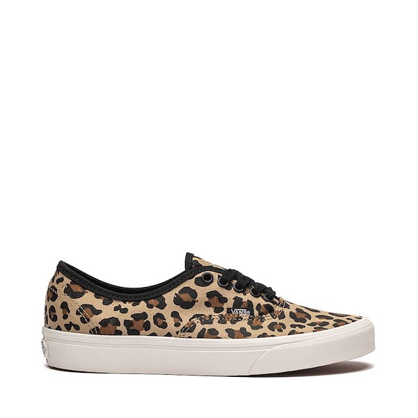 Brown Vans Authentic shoes featuring a leopard print design, black laces, and a white rubber sole, size 3 for men.