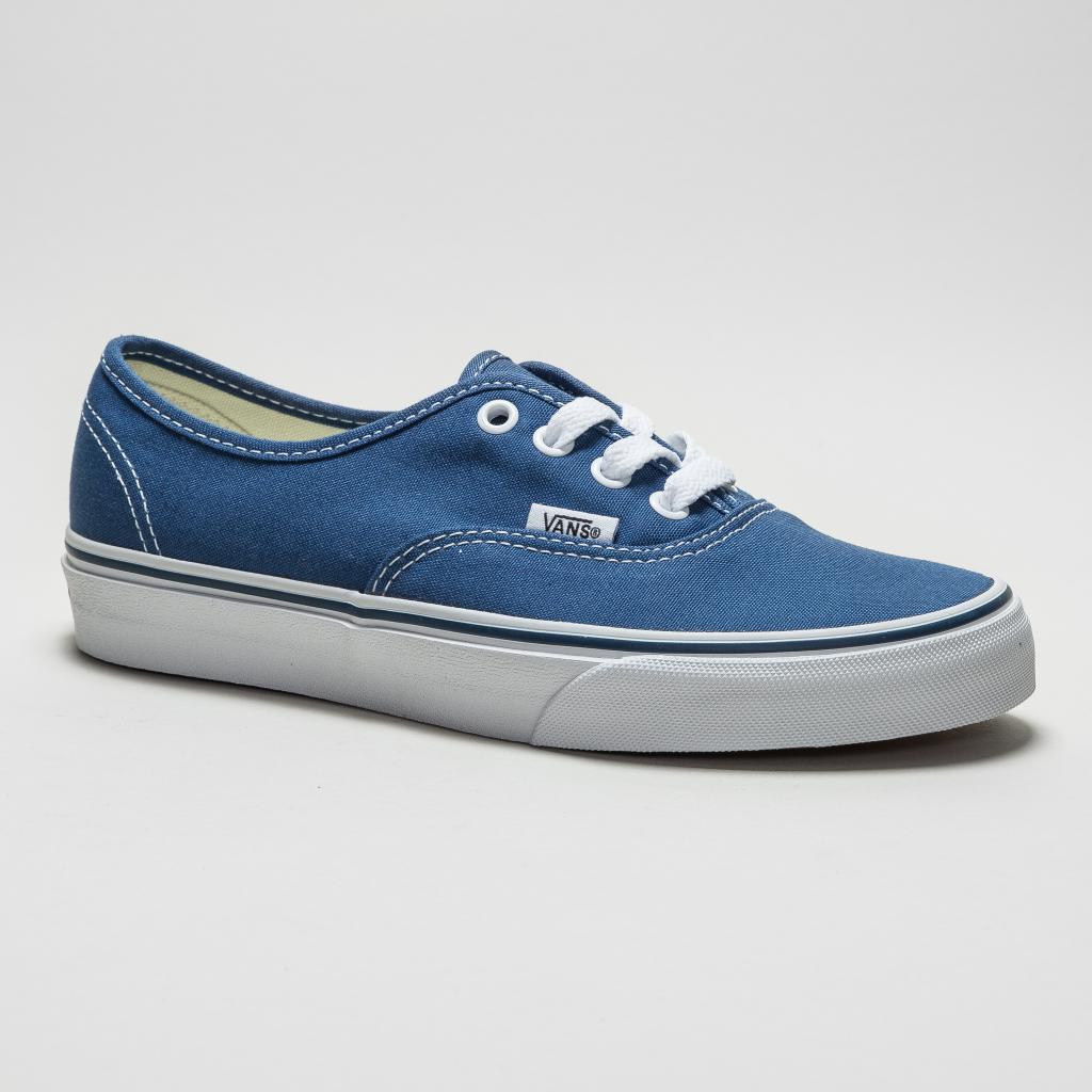 Blue Vans Authentic shoes for men, featuring a canvas upper, white laces, and a classic rubber sole, size 3.