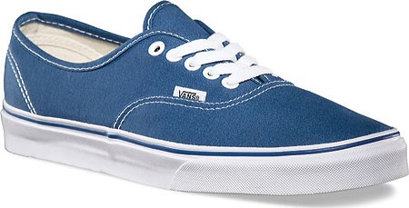 Blue Vans Authentic shoes for men, size 6.5, featuring a canvas upper, white laces, and a classic rubber sole with contrasting white stitching.