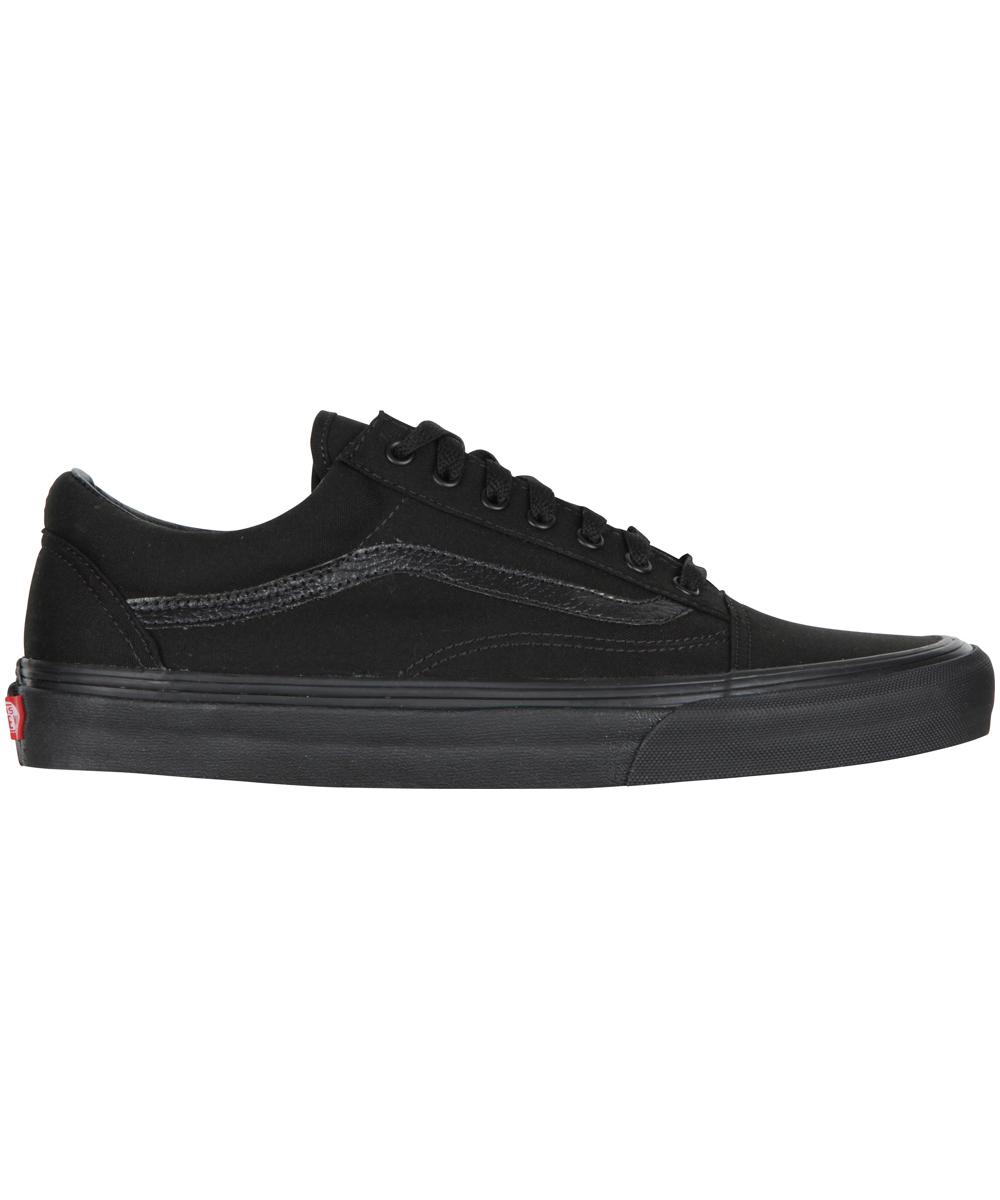 Black Vans Old Skool shoes for men, size 8, featuring a classic low-top design, suede and canvas material, and signature side stripe.