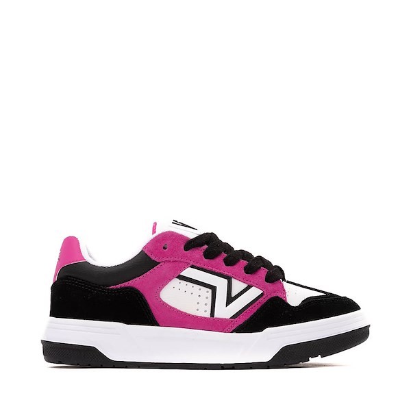 Black and pink Vans Upland shoes featuring a suede and mesh upper, white accents, and a chunky white sole, designed for boys size 5.0 and women's size 6.5.