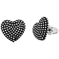 Black heart-shaped earrings adorned with silver studs, featuring a polished metal backing for secure wear, designed by Vasyli.