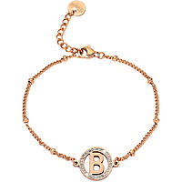 Rose gold bracelet featuring a circular charm with a prominent "B" initial, embellished with sparkling stones and a delicate adjustable chain.