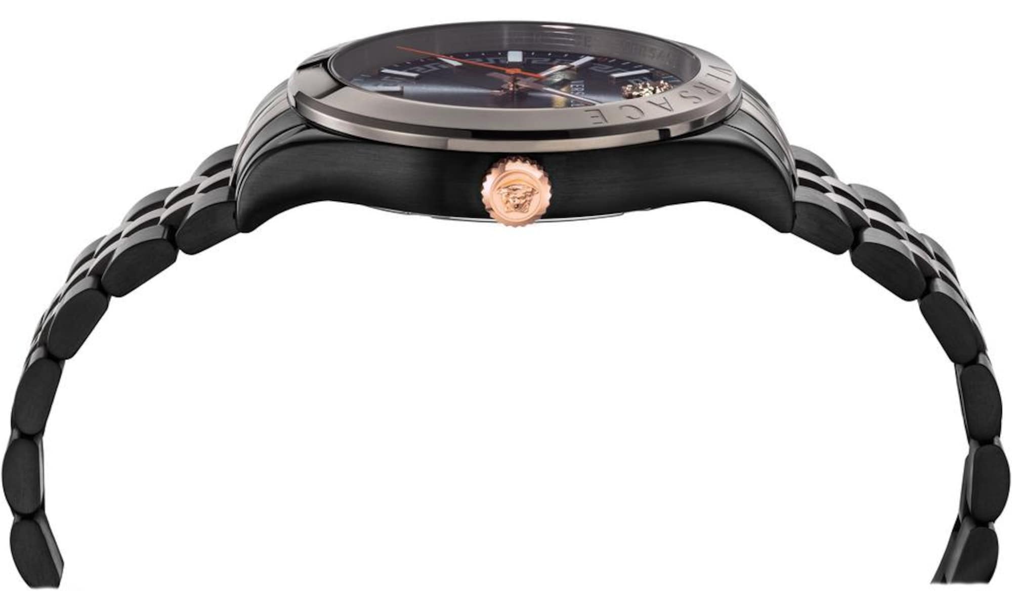 Versace VEVK00320 Hellenyium men's watch features a black stainless steel case, a dark dial with silver accents, and a distinctive rose gold crown.