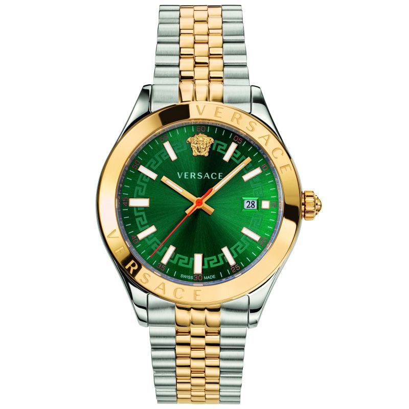 Versace VEVK00620 Hellenium-Vk men's two-tone watch features a green dial, gold-tone bezel, silver and gold stainless steel bracelet, and a date display at 3 o'clock.