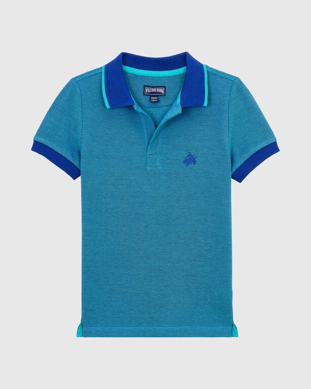 Boys' Vilebrequin polo in blue cotton pique, featuring contrasting turquoise and navy collar, short sleeves, and a small embroidered logo on the chest, size 4.