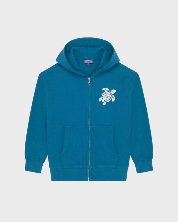 Blue cotton full zip cardigan for boys by Vilebrequin, featuring a turtle logo on the chest, a hood, and two front pockets, available in size 14.