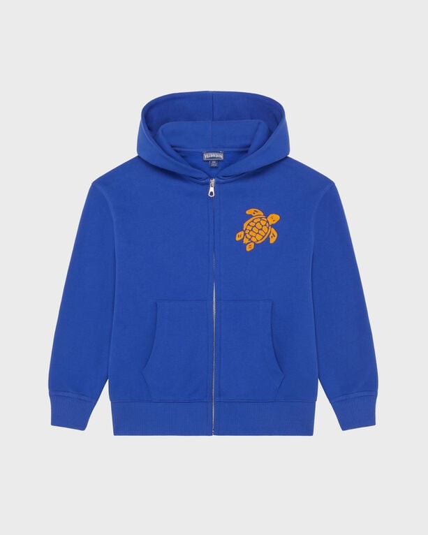 Blue cotton full zip cardigan for boys featuring a hood, front pockets, and an orange turtle logo on the chest, available in size 6 by Vilebrequin.