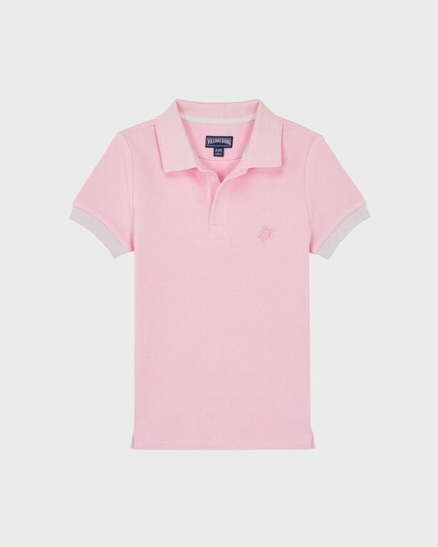Light pink cotton pique polo shirt with a classic collar, short sleeves featuring white trim, and a small embroidered logo on the chest, available in size 8.