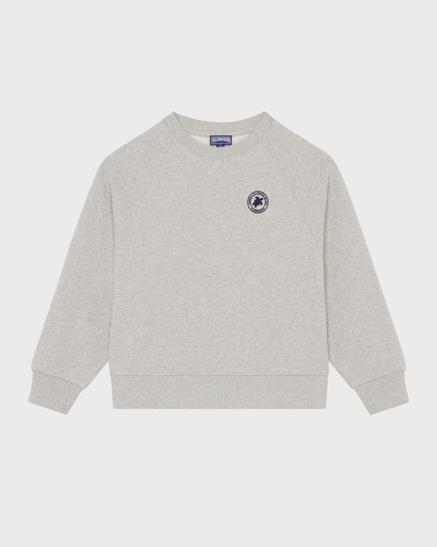 Grey crewneck sweatshirt for boys made of cotton, featuring a rubber logo on the chest and ribbed cuffs and hem, available in size 2.