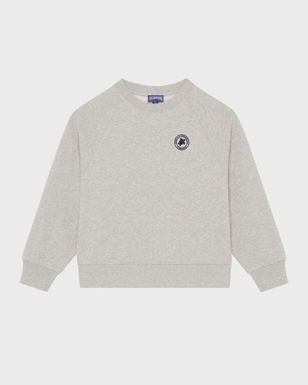 Grey crewneck sweatshirt for boys made of cotton, featuring a rubber logo on the chest, raglan sleeves, and a relaxed fit, available in size 8.