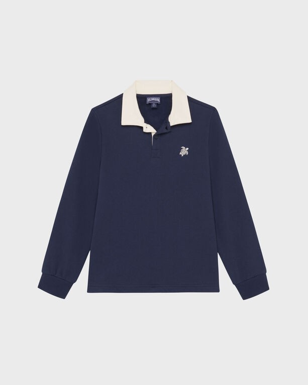 Bicolor long-sleeve polo in navy blue with a cream collar, featuring a small embroidered logo on the chest, made from soft cotton material, size 4.
