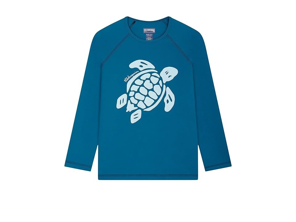Blue long-sleeve rashguard featuring a turtle graphic on the front, made from lightweight material, designed for boys, size 10.