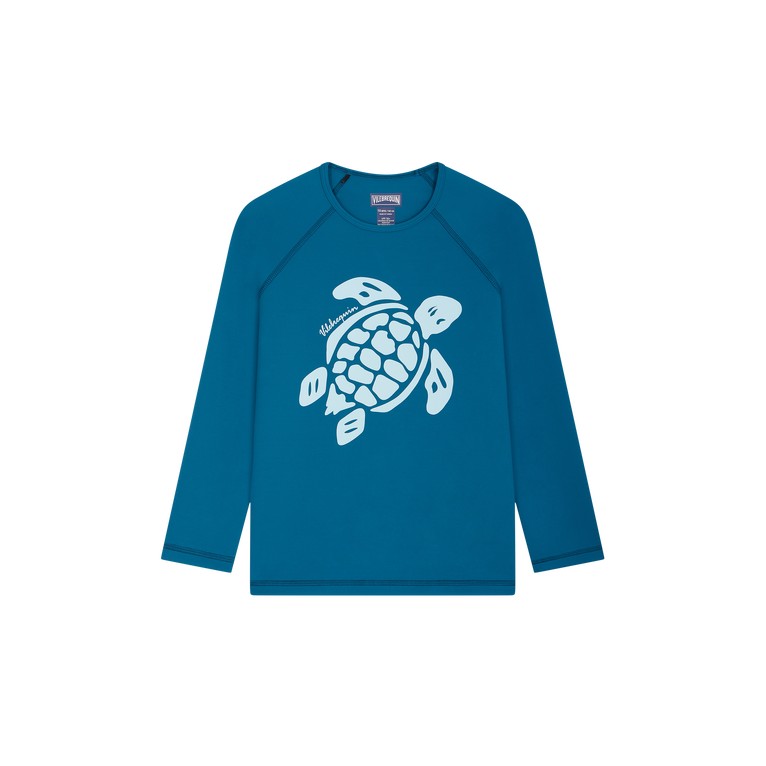 Blue long-sleeved rashguard for boys by Vilebrequin, featuring a white turtle graphic on the front, made from quick-drying material, available in size 4.