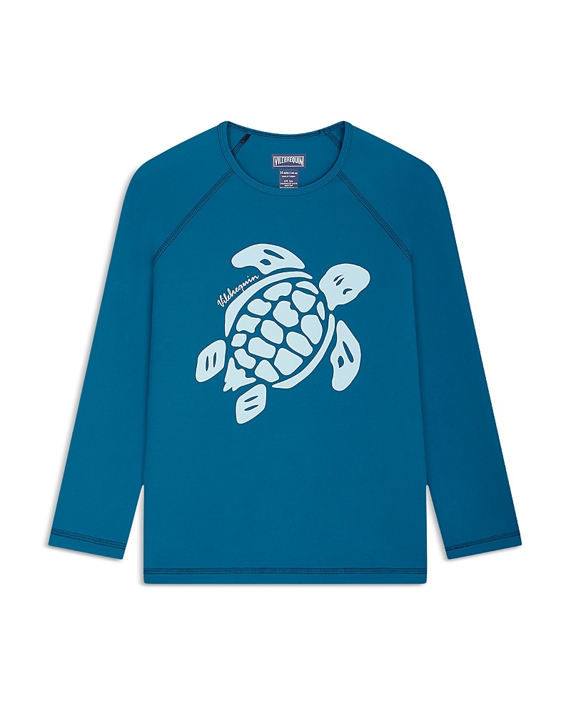 Teal long-sleeve rash guard featuring a large white turtle graphic on the front, made from lightweight, quick-drying material, ideal for kids.