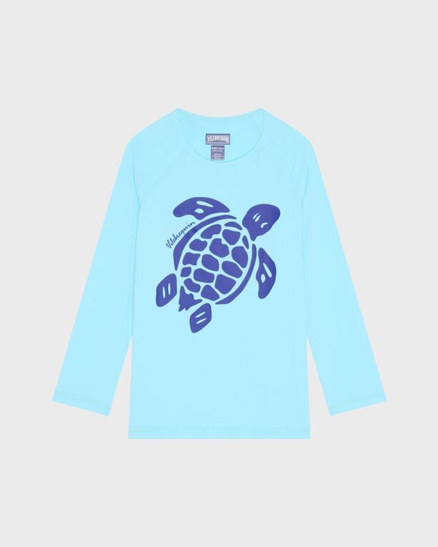 Light blue long-sleeve rashguard featuring a navy turtle graphic on the front, made from quick-drying material, available in size 14 by Vilebrequin.