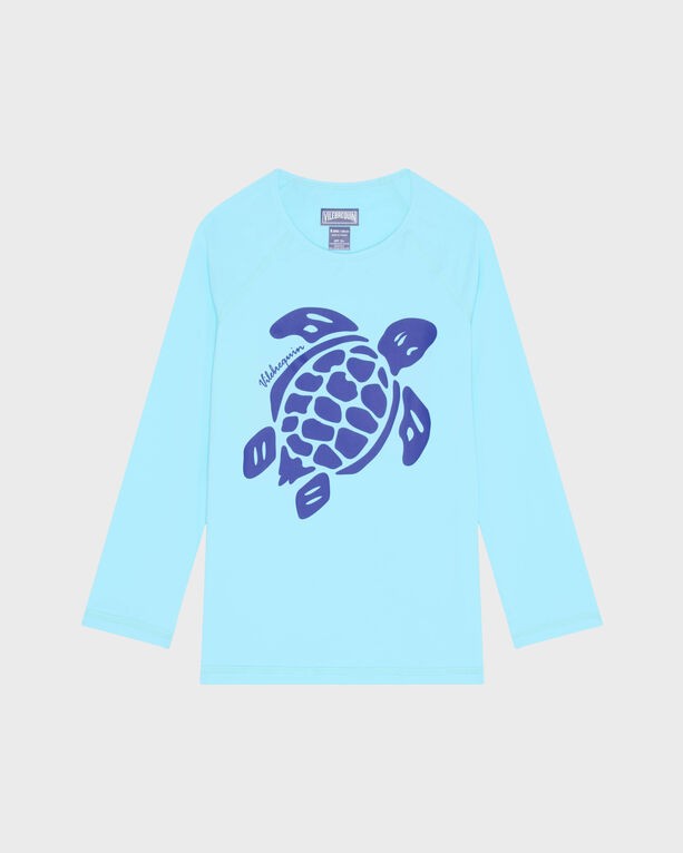 Light blue long-sleeve rashguard featuring a dark blue turtle graphic on the front, made from quick-drying material, suitable for boys, size 2.