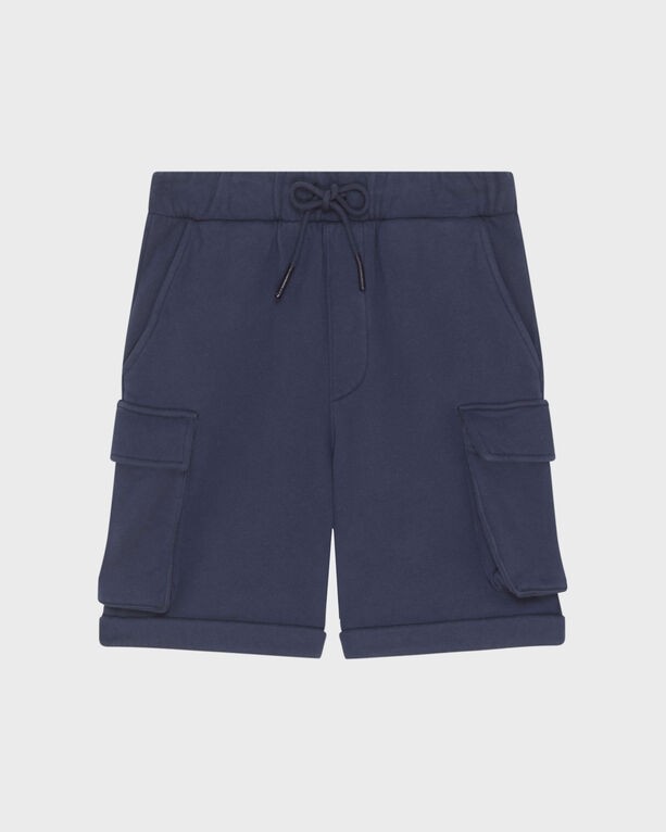 Boys' blue organic cotton cargo Bermuda shorts featuring an elastic waistband with drawstring and two side pockets, designed for comfort and style in size 2.