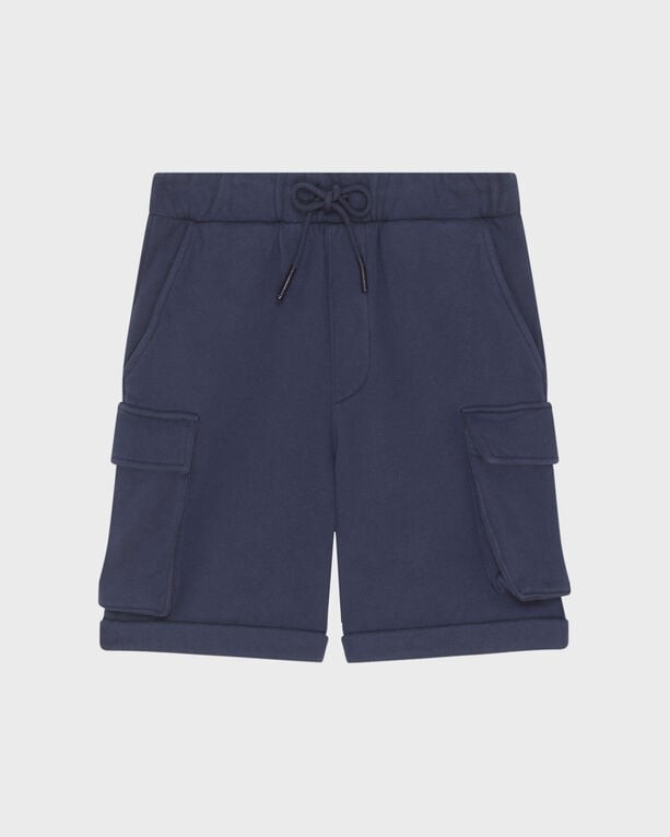 Boys' blue organic cotton cargo Bermuda shorts featuring an elastic waistband with drawstring, two side pockets, and rolled cuffs, size 6 by Vilebrequin.