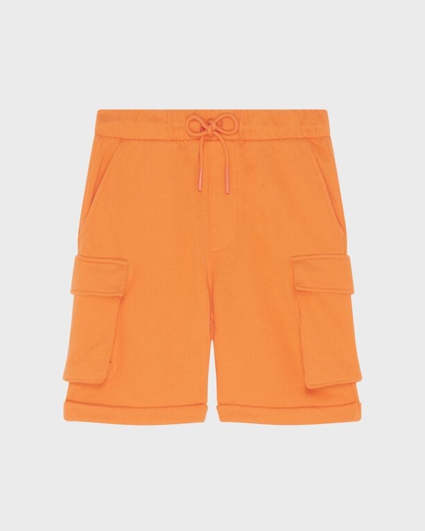 Boys' orange cargo Bermuda shorts made of organic cotton, featuring two side pockets, an elastic waistband with a drawstring, and a relaxed fit, size 12.