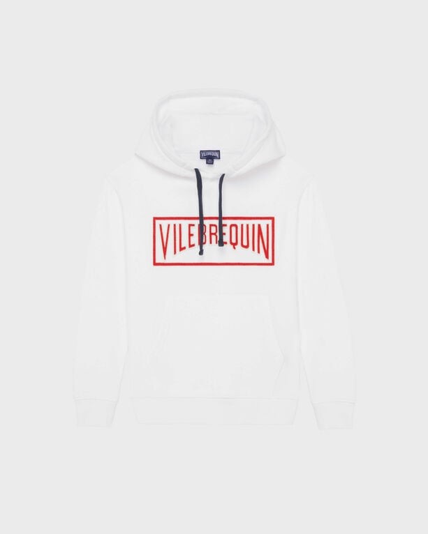 White organic cotton hoodie sweatshirt for boys featuring a stitched red Vilebrequin logo, with a drawstring hood and size 2.