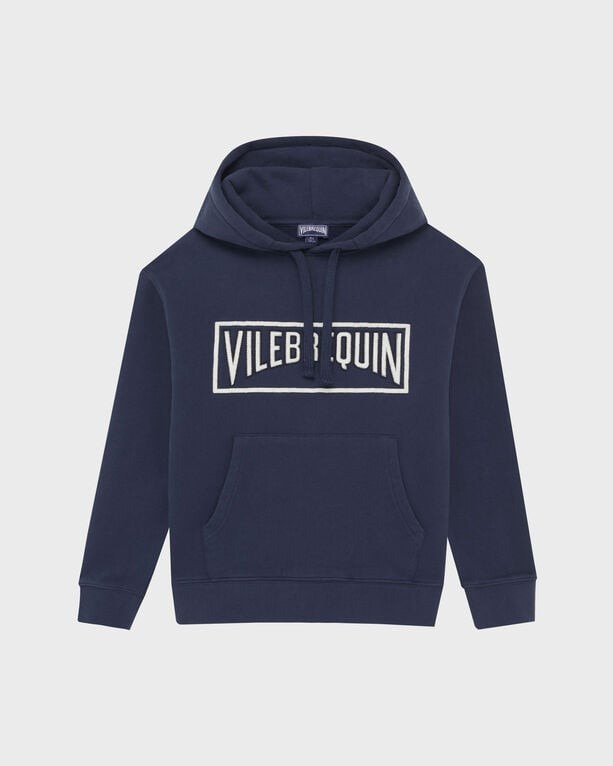 Blue organic cotton hoodie sweatshirt featuring a stitched Vilebrequin logo, front pocket, and drawstring hood, available in size 10.