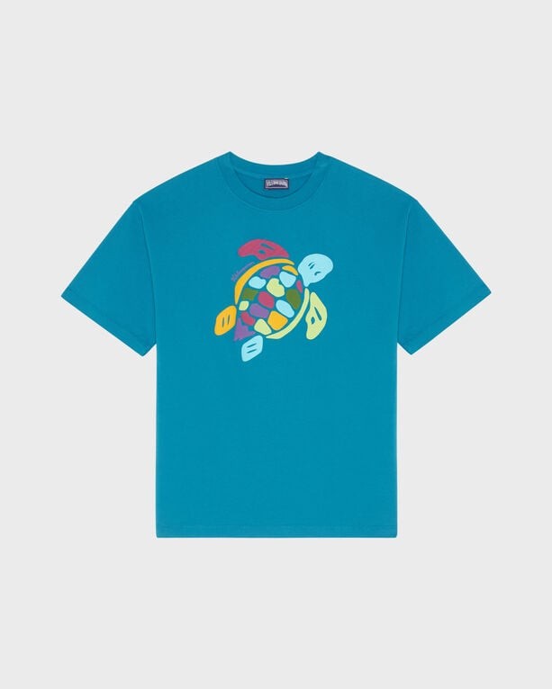 Bright blue organic cotton oversize T-shirt featuring a colorful turtle graphic on the front, designed for boys, available in size 4.