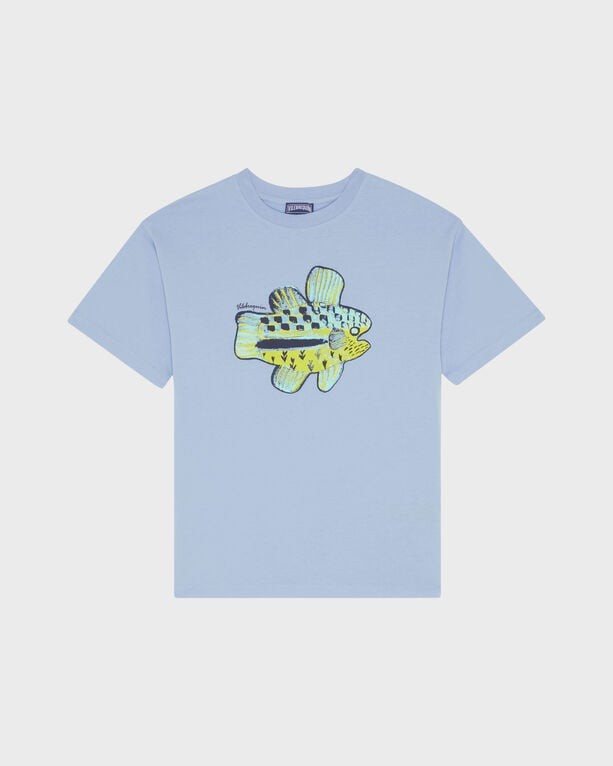 Light blue organic cotton oversized T-shirt featuring a colorful fish graphic on the front, designed for boys, by Vilebrequin, in size 14.