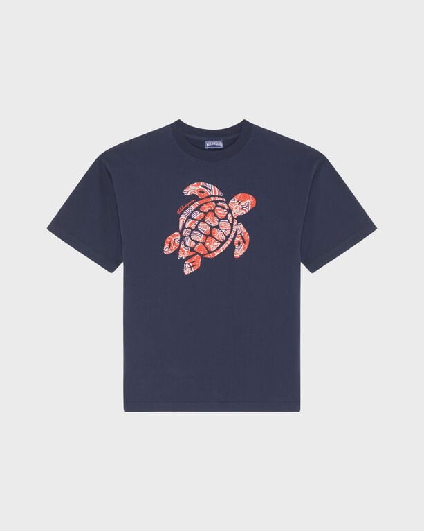 Blue organic cotton oversize T-shirt featuring a vibrant red turtle graphic on the front, designed for boys, available in size 6.