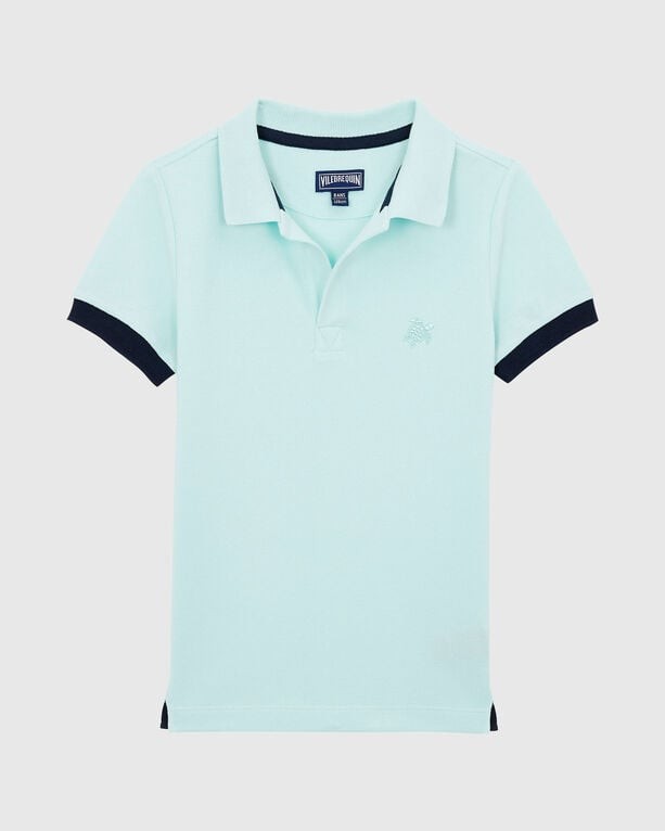 Light blue organic cotton polo shirt for boys with a classic collar, short sleeves, and navy blue accents at the collar and hem, size 4, by Vilebrequin.