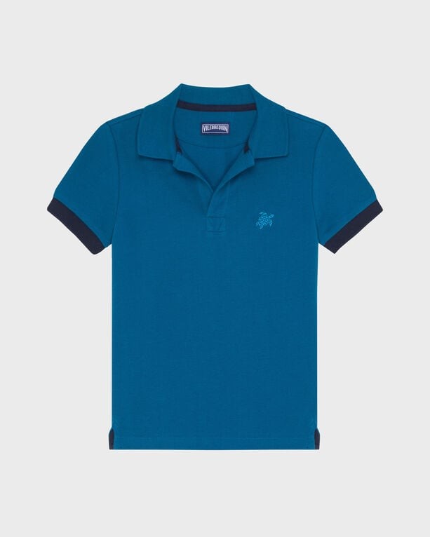 Boys' blue organic cotton polo from Vilebrequin, featuring a classic collar, short sleeves with navy trim, and a small embroidered turtle logo on the chest. Size 2.