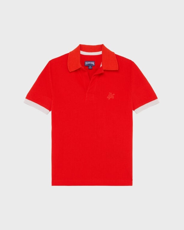 Boys' solid pink organic cotton polo shirt by Vilebrequin, featuring a contrasting orange collar and white sleeve trims, available in size 4.