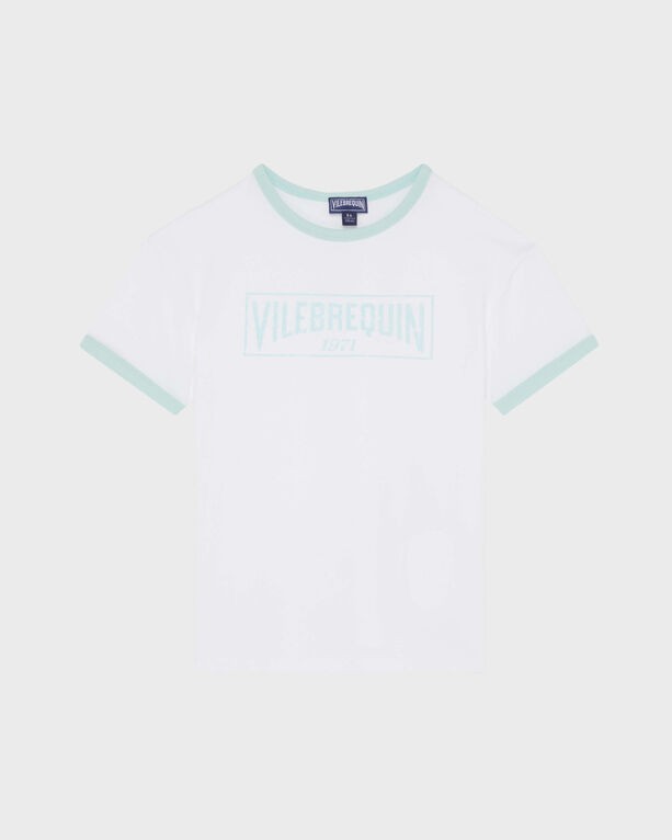 Bicolor boys' T-shirt by Vilebrequin in white and light blue, featuring a logo print, made of organic cotton, with a classic fit and contrasting ribbed neckline.