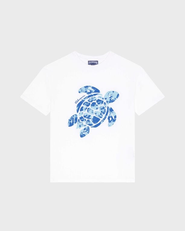 White organic cotton T-shirt featuring a large blue turtle print on the front, designed for boys, in size 12, by Vilebrequin.