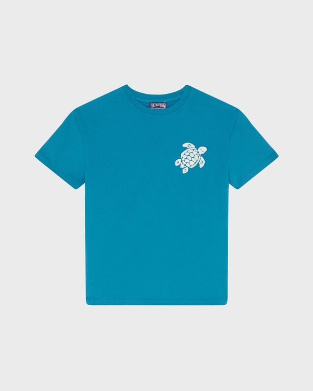 Bright blue organic cotton boys' T-shirt featuring an embroidered turtle design on the left chest, with a classic crew neck and short sleeves, size 12.