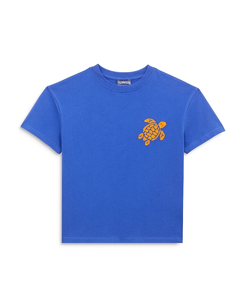 Bright blue short sleeve tee featuring an embroidered orange turtle design on the left chest, made from soft cotton fabric, suitable for little and big kids.