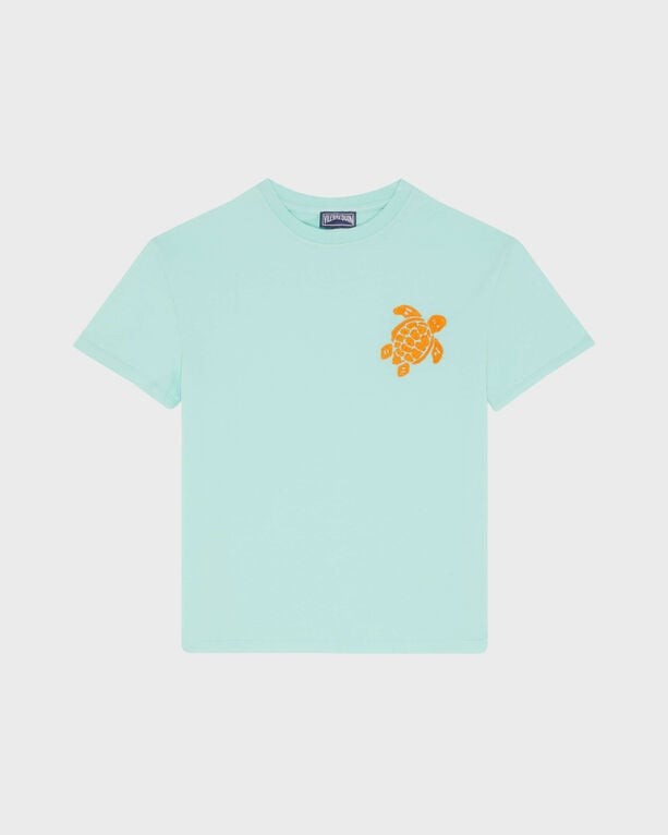 Light green organic cotton T-shirt featuring an embroidered orange turtle design on the left chest, with a classic crew neckline, suitable for boys in size 14.
