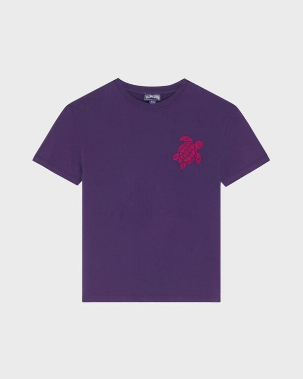 Purple organic cotton T-shirt for boys featuring an embroidered red turtle design on the left chest, with a classic crew neck and short sleeves, available in size 12.