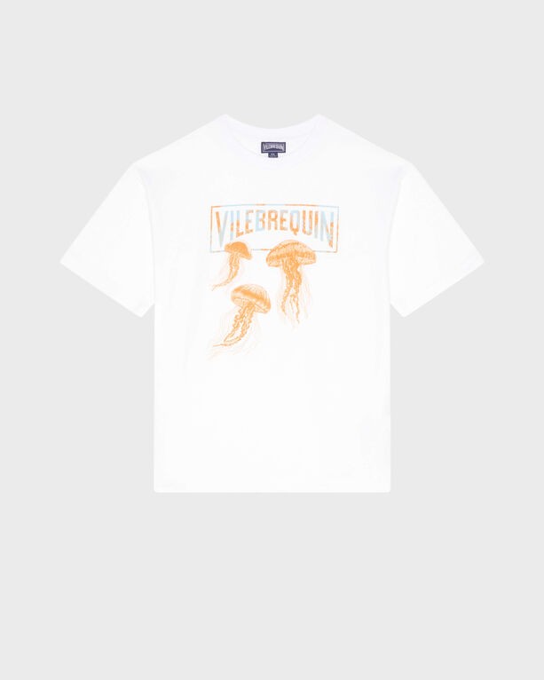 White organic cotton T-shirt featuring a Medusa jellyfish graphic in orange, with "Vilebrequin" text, in size 2.
