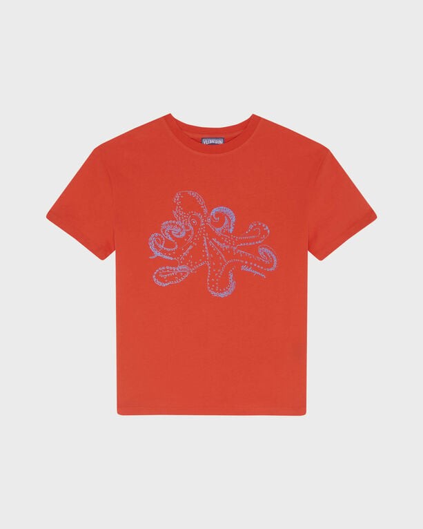 Red organic cotton boys' T-shirt featuring a blue octopus graphic on the front, designed by Vilebrequin, in size 14.