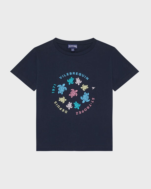 Navy blue organic cotton T-shirt featuring a colorful turtle graphic in a circular design, with "VILEBREQUIN" and "DEBASTROP" text, size 8.