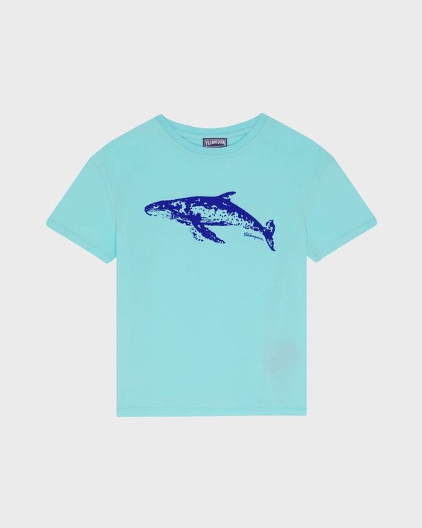 Light blue organic cotton T-shirt featuring a navy whale graphic, short sleeves, and a crew neckline, designed for boys in size 4 by Vilebrequin.