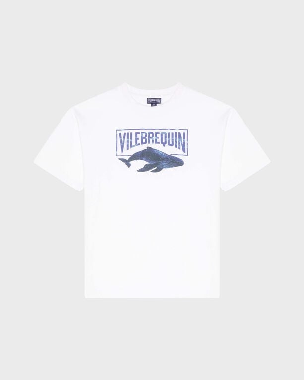 White organic cotton T-shirt featuring a blue whale graphic and "VILEBREQUIN" text, designed for boys, in size 6.