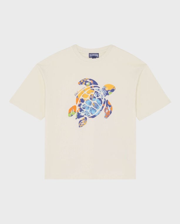 White oversized boys' T-shirt featuring a colorful tropical turtle graphic on the front, made from soft cotton material, size 12.