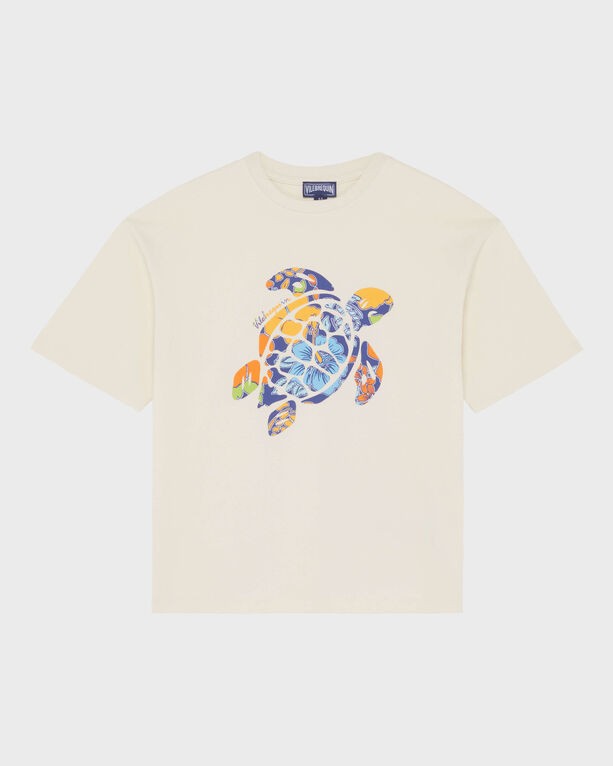 White oversized boys' T-shirt featuring a colorful printed tropical turtle design, made from soft cotton material, with short sleeves and a relaxed fit, size 8.