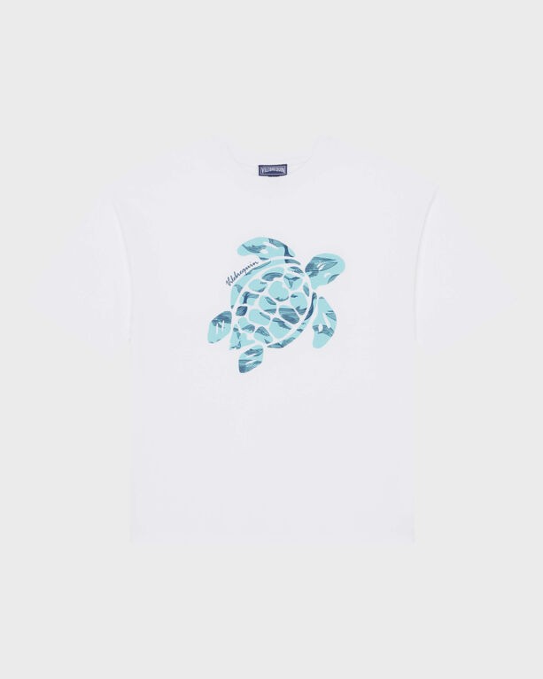 White oversized boys' T-shirt featuring a blue turtle print on the front, made of soft cotton material, with short sleeves and a relaxed fit, size 14 by Vilebrequin.
